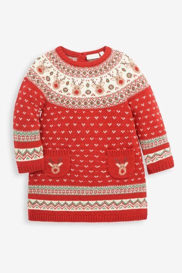 JoJo Maman Bébé Red Reindeer Fair Isle Knitted Dress