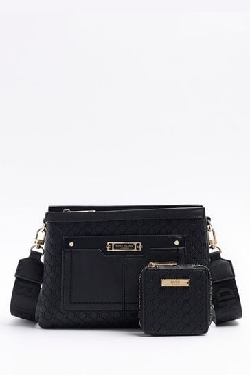 River Island Black Monogram Tri Comp Crossbody Bag