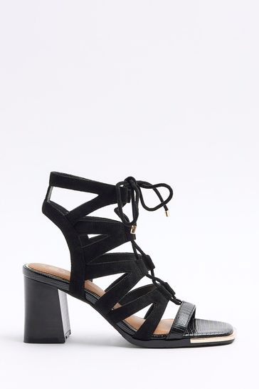 River Island Black Lace Up Heeled Sandals