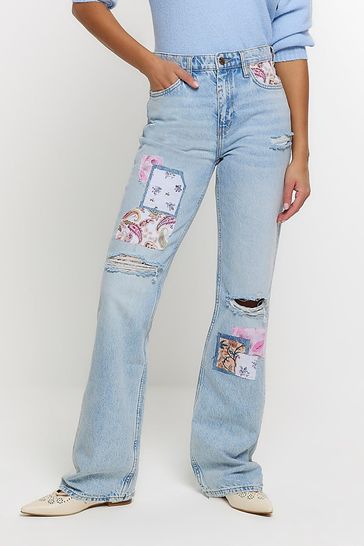 River Island Blue High Rise Patchwork Straight Jeans