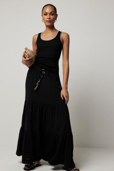 River Island Black Double Faced Tiered Maxi Skirt