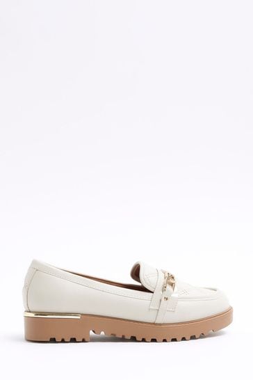 River Island Cream Quilted Branded Chain Loafers