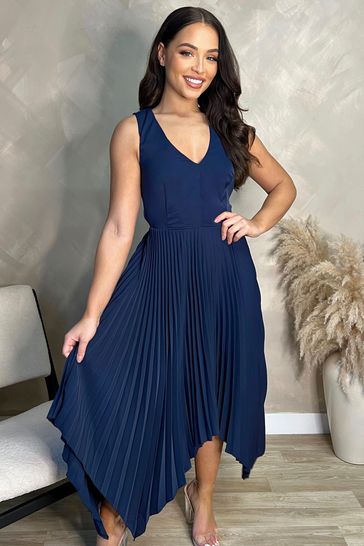 AX Paris Navy Blue V Neck Pleated Skirt Belted Waist Midi Dress