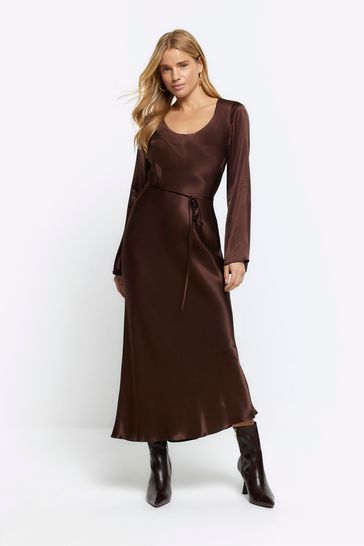 River Island Brown Long Sleeve Belted Scoop Neck Dress