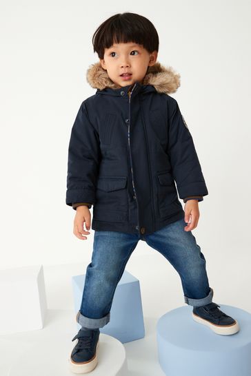 Buy Navy Blue Shower Resistant Faux Fur Parka Coat 3mths 7yrs