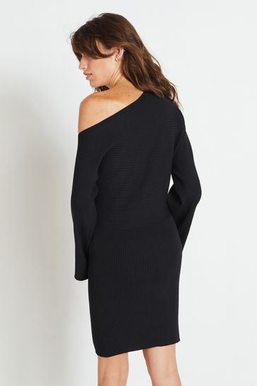 Black ribbed off on sale the shoulder dress