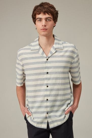 White/Blue Linen Blend Horizontal Stripe Shirt with Cuban Collar