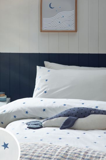 White Blue Stars 100 Cotton Embroidered Bedding Duvet Cover and Pillowcase Set