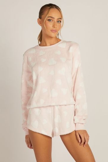 Boux Avenue Pink Heart Cosy Supersoft Top & Shorts Pyjama Set