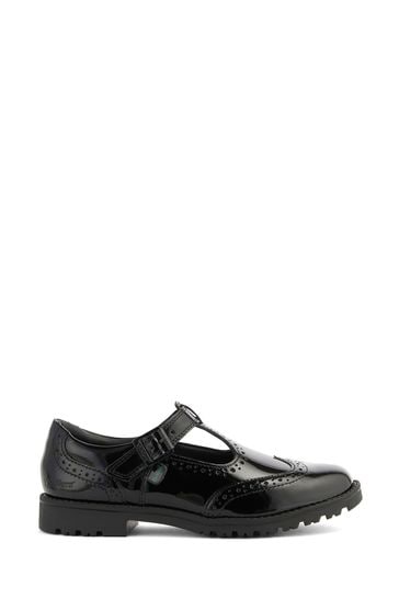 Kickers Womens Youth Lachly Brogue T-Bar Patent Black Leather Shoes