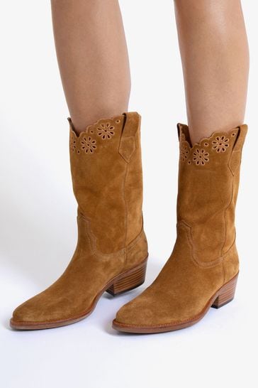 Penelope Chilvers Jesse Broderie Suede Brown Cowboy Boots