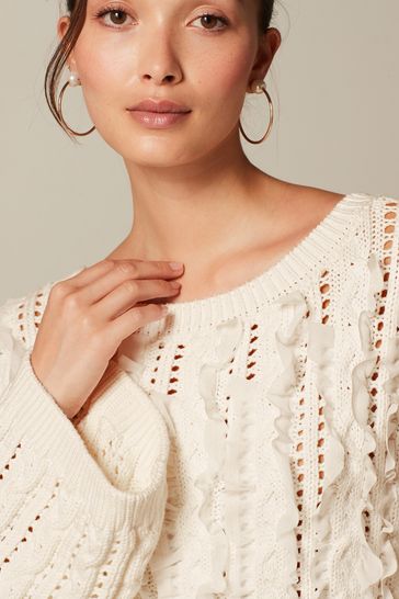 Ecru White Ruffle Cable Long Sleeve Jumper