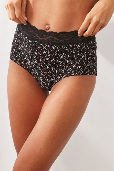 Black/Pink Heart Print Full Brief Cotton and Lace Knickers 4 Pack
