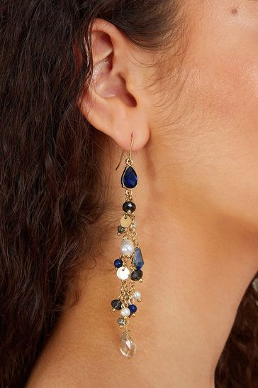Buy Accessorize Blue Gem Beaded Tassel Long Drop Earrings from
