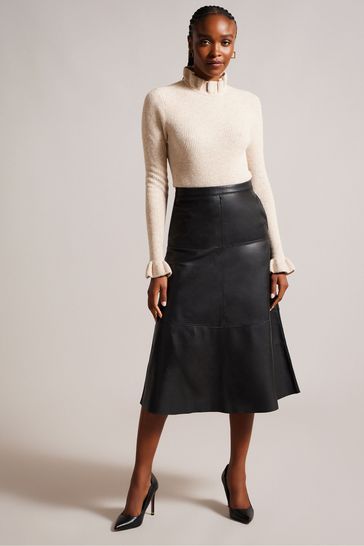 Ted Baker Black Leather Panelled Oaklyna A-Line Skirt