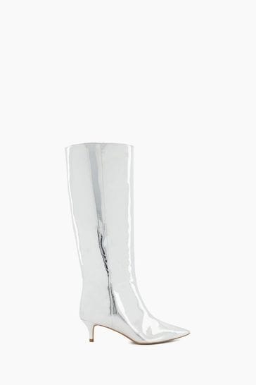 Buy Dune London Silver Smooth Kitten Heel Point Knee High Boots