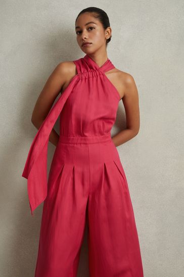 Reiss Coral Selena Linen Blend Drape Jumpsuit