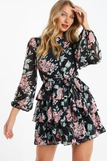 Buy Quiz Black Oranza Long Sleeve Tiered Skater Dress from Next