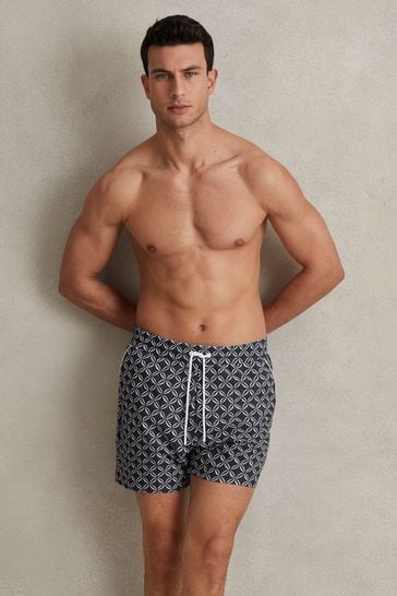 Reiss Navy/White Fraser Geometric Print Drawstring Swim Shorts