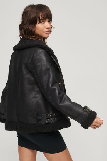 Superdry Black Faux Fur Shearling Aviator Jacket