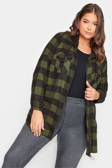 Yours Curve Green Hooded Zipped Check Shirt
