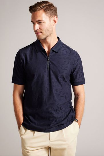 Ted Baker Blue Polenn Regular Textured Zip Polo Shirt