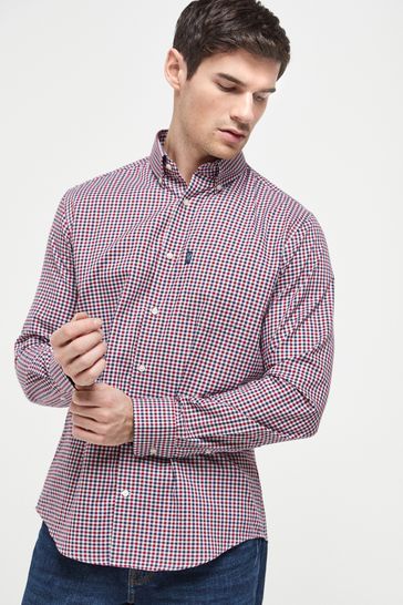Red/Navy Blue Gingham Check Regular Fit Single Cuff Easy Iron Button Down Oxford Shirt