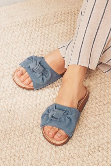 Blue Suede Bow Slider Slippers