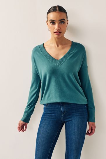 Teal Blue Cosy Lightweight Soft Touch Longline V-Neck Jumper Top