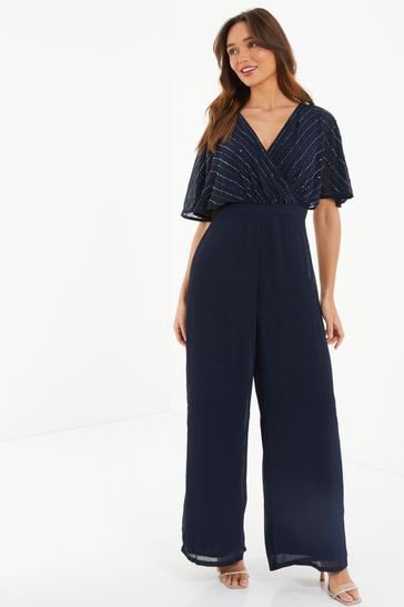 Quiz Blue Sequin Angel Sleeve Chiffon Jumpsuit