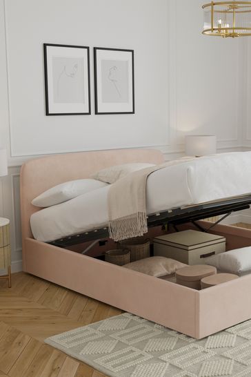 Plush Chenille Rose Pink Matson Upholstered Ottoman Storage Bed Frame