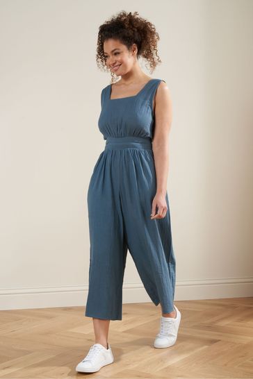 Truly Blue Cheesecloth Square Neck Jumpsuit