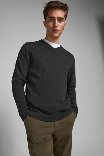 Jack Jones Ebasic Knit V Neck Sweater Grey L Man