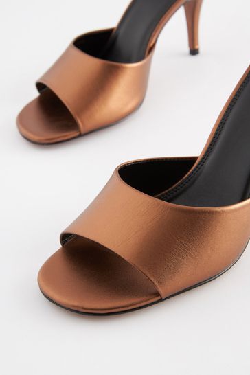 Gold Signature Leather Round Toe Heel Mule Sandals