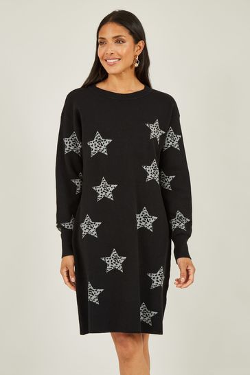 Yumi Black Relaxed Fit Star Print Tunic Dress