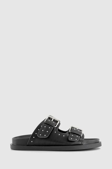 Office Black Double Strap Studded Footbed Sandals