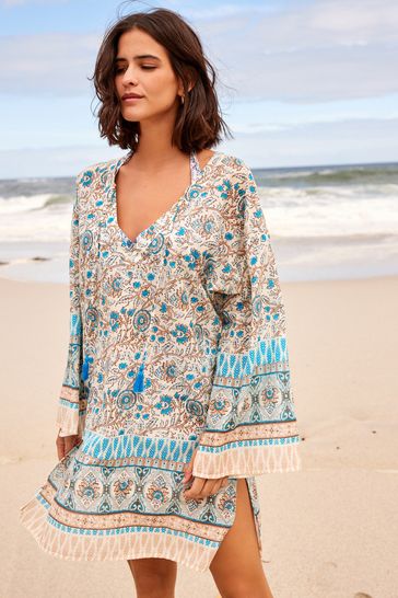 White Blue Woodblock Long Sleeve Beach Kaftan Cover Up