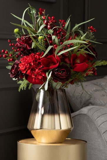 Laura Ashley Red Artificial Christmas Flower Arrangement in Gold Vase
