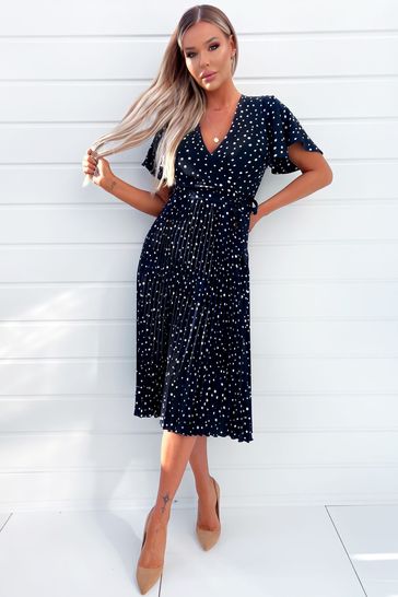 Buy AX Paris Blue Polka Dot Wrap Top Short Sleeve Belted Pleated
