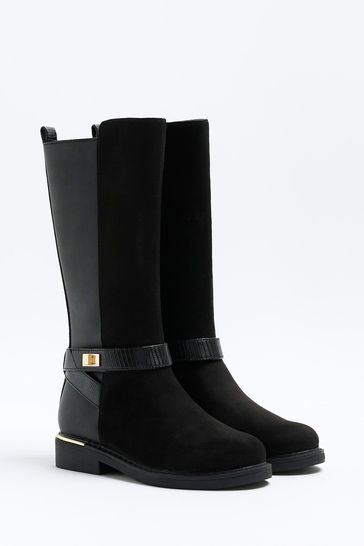River Island Black Girls Lock Riding Knee High Boots