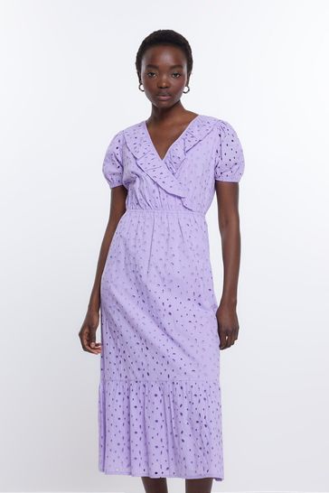 River Island Purple Broderie Wrap Midi Dress