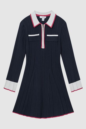 Reiss Navy Annie Senior Ribbed Colourblock Mini Dress