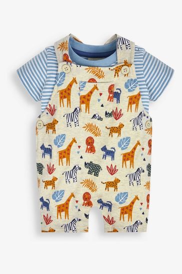 JoJo Maman Bébé Natural 2-Piece Safari Print Short Dungarees & Top Set