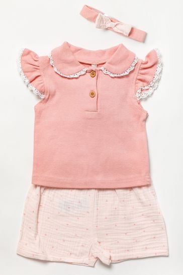 Rock-A-Bye Baby Boutique Pink Rib Top/Crinkle Muslin Shorts and Headband Outfit Set