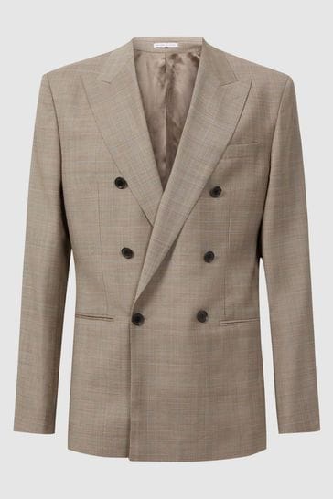 Buy Reiss Oatmeal Abbey Slim Fit Double Breasted Checked Blazer