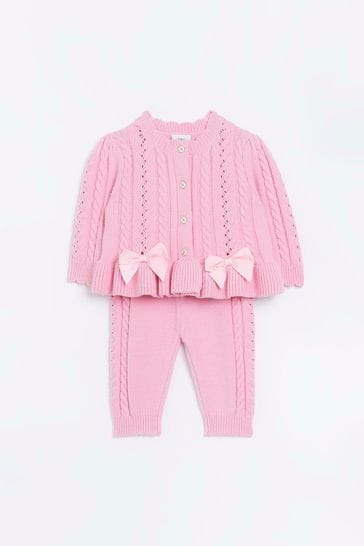 River Island Pink Baby Girls Cable Cardi Set