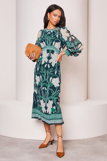 Lipsy Green Placement Print Long Sleeve Midi Dress