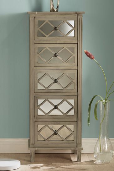 Pacific Lifestyle Dove Grey Mirrored Pine Wood 5 Drawer Tall Boy