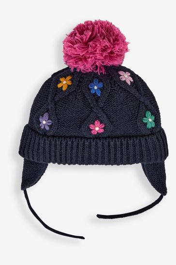 JoJo Maman Bébé Navy Floral Embroidered Cable Hat