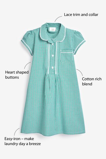 Buy Green Cotton Rich Button Front Lace Gingham School Dress 3